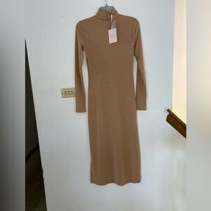Charles Henry Ribbed Sweater Dress Turtleneck Side Slit Mocha NWT Size XS